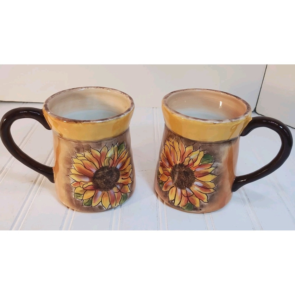 2 Clay Art Tuscan Sunflowers Coffee Tea Mug Set Hand Painted Oversized 16 Oz